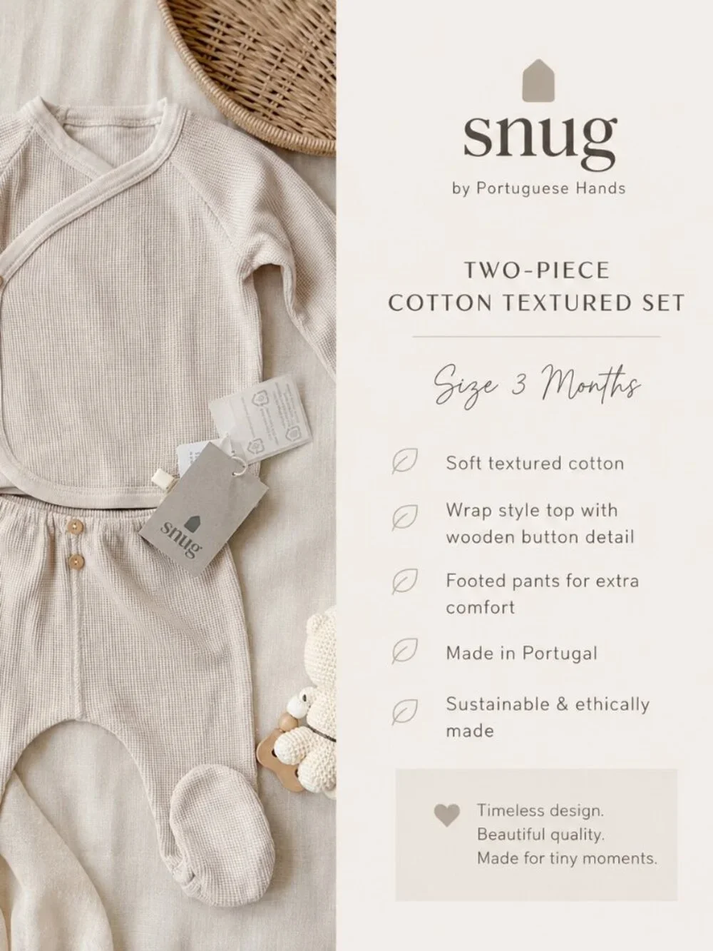 NWT Snug Portuguese Hands 3M Organic Cotton Waffle Baby Set Portugal Neutral